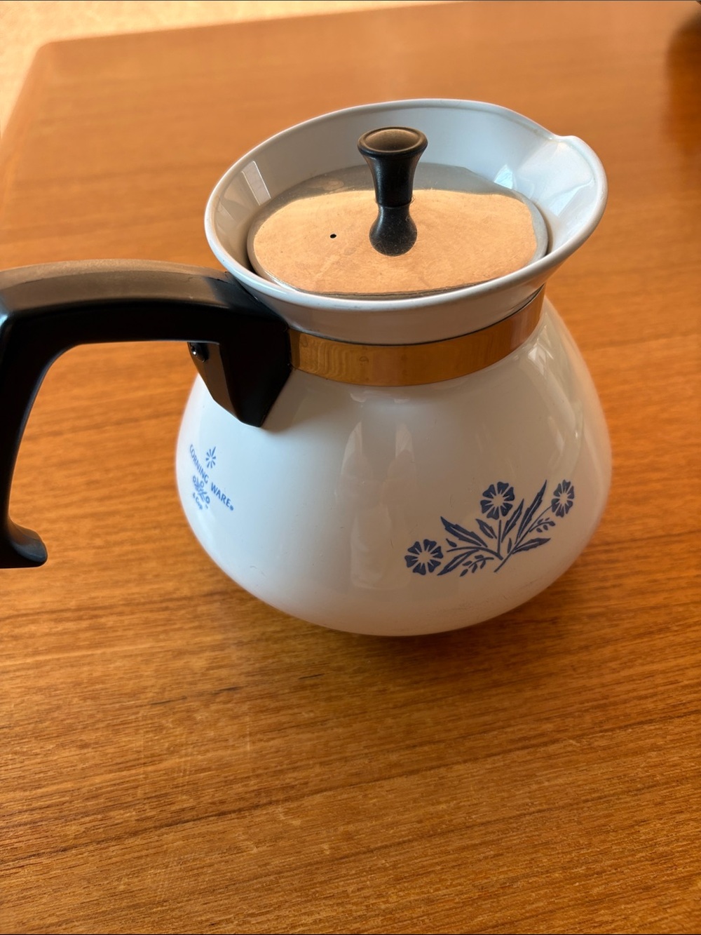 Corningware 6 cup White Tea Pot with Blue Floral Design and Black Handle